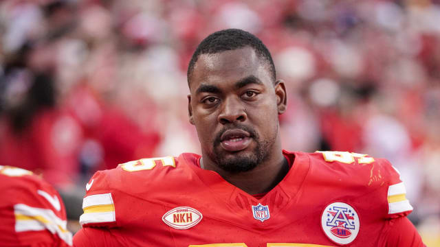 Oct 22, 2023; Kansas City, Missouri, USA; Kansas City Chiefs defensive tackle Chris Jones (95) on the sidelines against the Los Angeles Chargers during the second half at GEHA Field at Arrowhead Stadium. Mandatory Credit: Denny Medley-USA TODAY Sports  